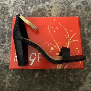 Black Snakeskin Block Heel w/Gold Strap.